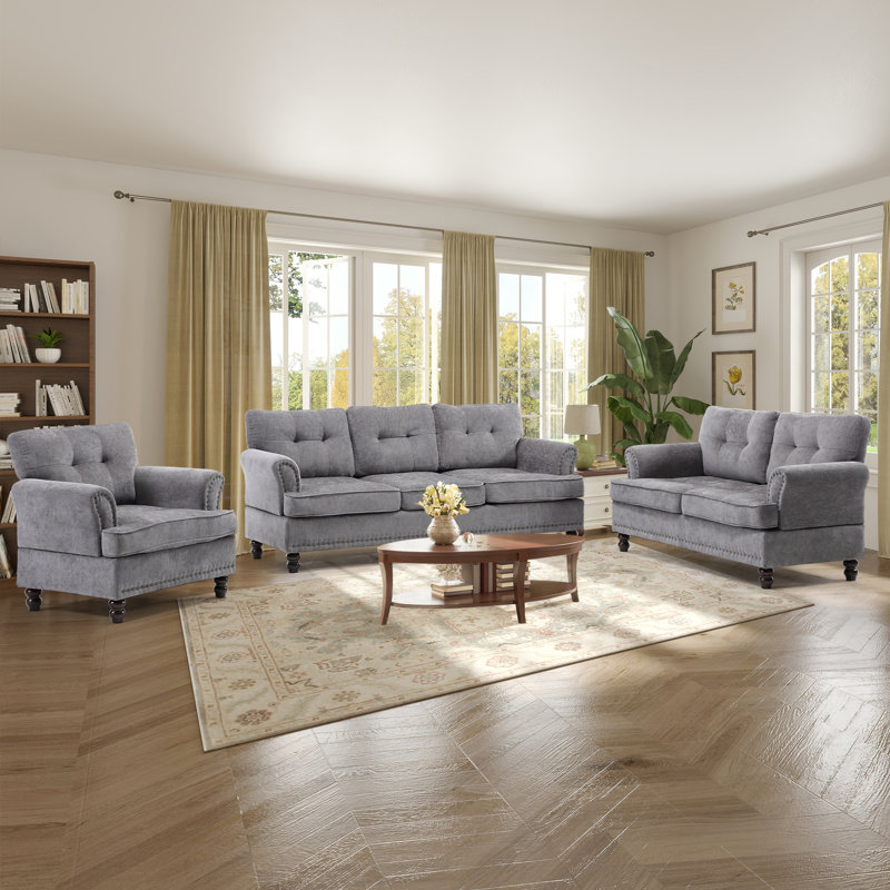 Ekambir 3 Piece Modern Tufted Upholstered Standard Sofa Living Room Set with Nailhead Trim Charlton Home Upholstery Color Gray